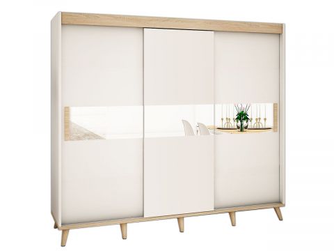 Schiebetürenschrank / Kleiderschrank Perdito 06A mit Spiegel, Farbe: Weiß matt / Buche - Abmessungen: 208 x 250,5 x 62 cm ( H x B x T)