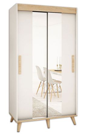 Schiebetürenschrank / Kleiderschrank Perdito 02C mit Spiegel, Farbe: Weiß matt / Buche - Abmessungen: 208 x 120,5 x 62 cm ( H x B x T)