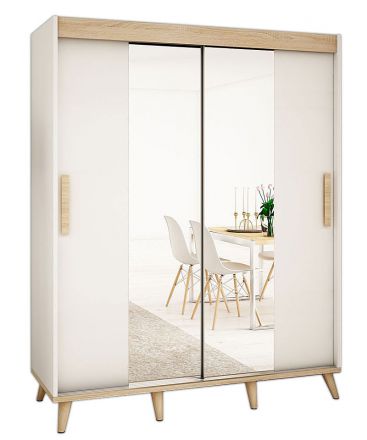 Schiebetürenschrank / Kleiderschrank Perdito 05C mit Spiegel, Farbe: Weiß matt / Buche - Abmessungen: 208 x 200,5 x 62 cm ( H x B x T)