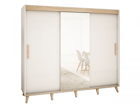 Schiebetürenschrank / Kleiderschrank Perdito 06C mit Spiegel, Farbe: Weiß matt / Buche - Abmessungen: 208 x 250,5 x 62 cm ( H x B x T)