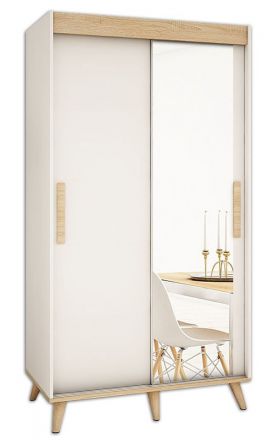 Schiebetürenschrank / Kleiderschrank Perdito 02D mit Spiegel, Farbe: Weiß matt / Buche - Abmessungen: 208 x 120,5 x 62 cm ( H x B x T)