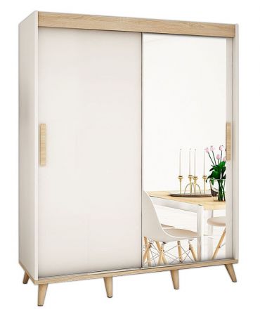 Schiebetürenschrank / Kleiderschrank Perdito 05D mit Spiegel, Farbe: Weiß matt / Buche - Abmessungen: 208 x 200,5 x 62 cm ( H x B x T)