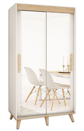 Schiebetürenschrank / Kleiderschrank Perdito 02E mit Spiegel, Farbe: Weiß matt / Buche - Abmessungen: 208 x 120,5 x 62 cm ( H x B x T)