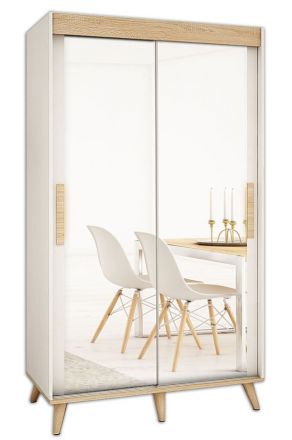 Schiebetürenschrank / Kleiderschrank Perdito 03E mit Spiegel, Farbe: Weiß matt / Buche - Abmessungen: 208 x 150,5 x 62 cm ( H x B x T)