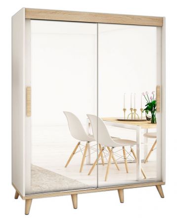 Schiebetürenschrank / Kleiderschrank Perdito 04E mit Spiegel, Farbe: Weiß matt / Buche - Abmessungen: 208 x 180,5 x 62 cm ( H x B x T)
