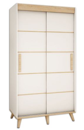 Schiebetürenschrank / Kleiderschrank Perdito 02F, Farbe: Weiß matt / Buche - Abmessungen: 208 x 120,5 x 62 cm ( H x B x T)