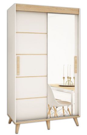 Schiebetürenschrank / Kleiderschrank Perdito 03G mit Spiegel, Farbe: Weiß matt / Buche - Abmessungen: 208 x 150,5 x 62 cm ( H x B x T)