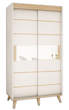 Schiebetürenschrank / Kleiderschrank Perdito 02H mit Spiegel, Farbe: Weiß matt / Buche - Abmessungen: 208 x 120,5 x 62 cm ( H x B x T)