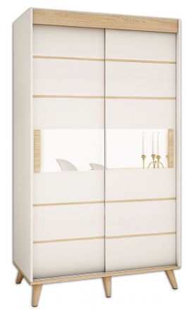 Schiebetürenschrank / Kleiderschrank Perdito 03H mit Spiegel, Farbe: Weiß matt / Buche - Abmessungen: 208 x 150,5 x 62 cm ( H x B x T)