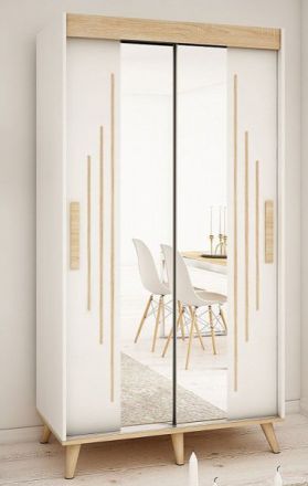 Schiebetürenschrank / Kleiderschrank Perdito 03L mit Spiegel, Farbe: Weiß matt / Buche - Abmessungen: 208 x 150,5 x 62 cm ( H x B x T)