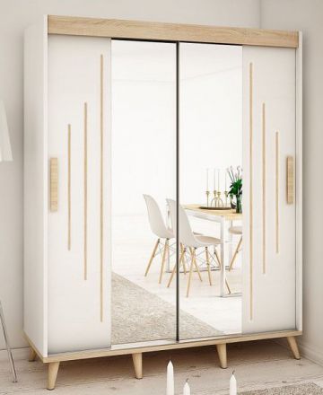 Schiebetürenschrank / Kleiderschrank Perdito 04L mit Spiegel, Farbe: Weiß matt / Buche - Abmessungen: 208 x 180,5 x 62 cm ( H x B x T)