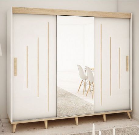 Schiebetürenschrank / Kleiderschrank Perdito 06L mit Spiegel, Farbe: Weiß matt / Buche - Abmessungen: 208 x 250,5 x 62 cm ( H x B x T)