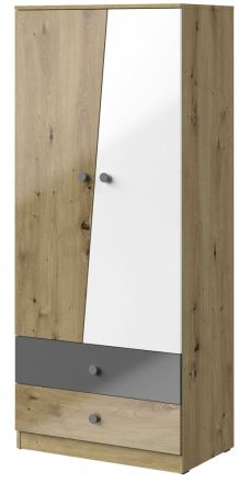 Drehtürenschrank / Kleiderschrank Sirte 01, Farbe: Eiche / Weiß / Grau Hochglanz -  Abmessungen: 190 x 80 x 50 cm (H x B x T)