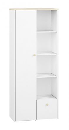 Kinderzimmer - Schrank Egvad 04, Farbe: Weiß / Buche - Abmessungen: 193 x 80 x 40 cm (H x B x T), mit 1 Tür, 1 Schublade und 9 Fächern