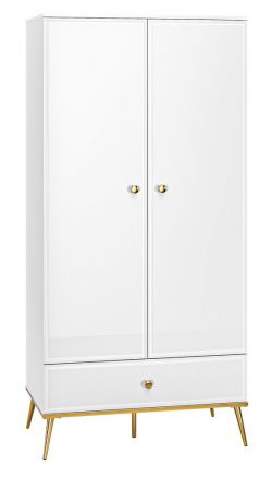 Kleiderschrank mit viel Stauraum Roanoke 01, Farbe: Weiß / Weiß Glanz - Abmessungen: 190 x 92 x 53 cm (H x B x T), mit 2 Türen, 1 Schublade und 1 Fach