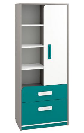 Kinderzimmer - Schrank Renton 03, Farbe: Platingrau / Weiß / Blaugrün - Abmessungen: 199 x 80 x 40 cm (H x B x T), mit 1 Tür, 2 Schubladen und 8 Fächern