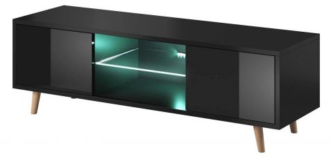TV-Unterschrank Cirit 02, Farbe: Schwarz / Schwarz Glanz - Abmessungen: 45 x 140 x 42 cm (H x B x T)