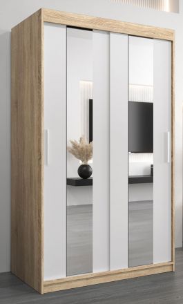 Schiebetürenschrank / Kleiderschrank Polos 02 mit Spiegel, Farbe: Eiche Sonoma / Weiß matt - Abmessungen: 200 x 120 x 62 cm (H x B x T)