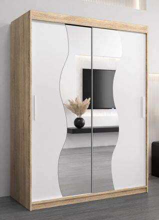 Schiebetürenschrank / Kleiderschrank Robinyera 03 mit Spiegel, Farbe: Eiche Sonoma / Weiß matt - Abmessungen: 200 x 150 x 62 cm ( H x B x T)
