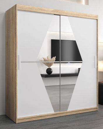 Schiebetürenschrank / Kleiderschrank Alphubel 04 mit Spiegel, Farbe: Eiche Sonoma / Weiß matt - Abmessungen: 200 x 180 x 62 cm ( H x B x T)
