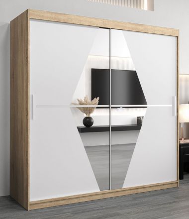Schiebetürenschrank / Kleiderschrank Alphubel 05 mit Spiegel, Farbe: Eiche Sonoma / Weiß matt - Abmessungen: 200 x 200 x 62 cm ( H x B x T)