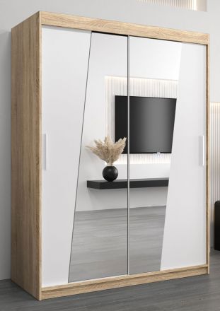 Schiebetürenschrank / Kleiderschrank Guajara 03 mit Spiegel, Farbe: Eiche Sonoma / Weiß matt - Abmessungen: 200 x 150 x 62 cm (H x B x T)