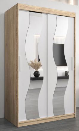 Schiebetürenschrank / Kleiderschrank Hacho 02 mit Spiegel, Farbe: Eiche Sonoma / Weiß matt - Abmessungen: 200 x 120 x 62 cm ( H x B x T)