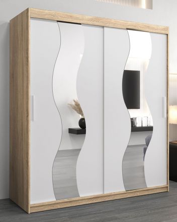 Schiebetürenschrank / Kleiderschrank Hacho 04 mit Spiegel, Farbe: Eiche Sonoma / Weiß matt - Abmessungen: 200 x 180 x 62 cm ( H x B x T)