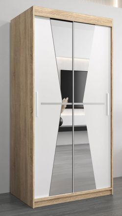 Schiebetürenschrank / Kleiderschrank Naranco 01 mit Spiegel, Farbe: Eiche Sonoma / Weiß matt - Abmessungen: 200 x 100 x 62 cm ( H x B x T)