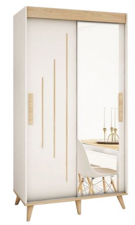 Schiebetürenschrank / Kleiderschrank Perdito 03M mit Spiegel, Farbe: Weiß matt / Buche - Abmessungen: 208 x 150,5 x 62 cm ( H x B x T)