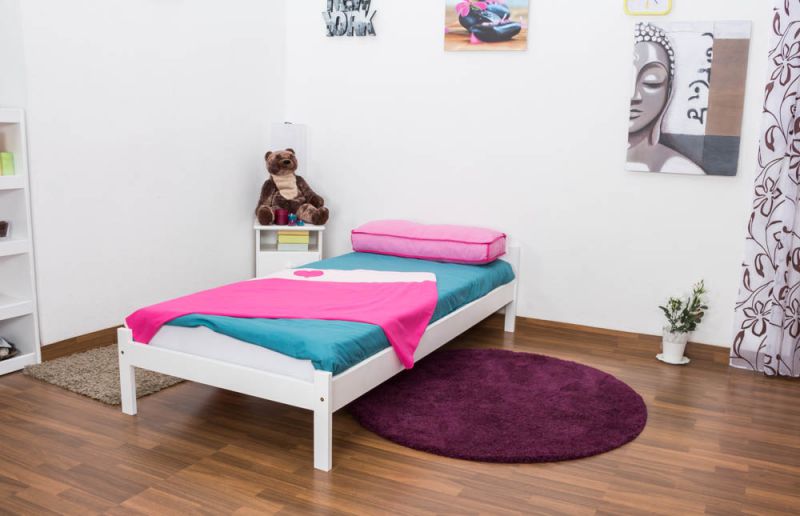 Einzelbett / Gästebett Kiefer Vollholz massiv weiß A14, inkl. Lattenrost - Abmessung 90 x 200 cm 