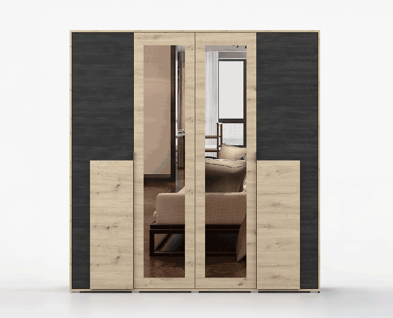 2 Meter breiter Drehtürenschrank / Kleiderschrank | Artisan / Kiefer | Apuseni 01 | 208 x 200 x 65 cm | 4 Türen | 14 Fächer | Holzoptik | viel Stauraum