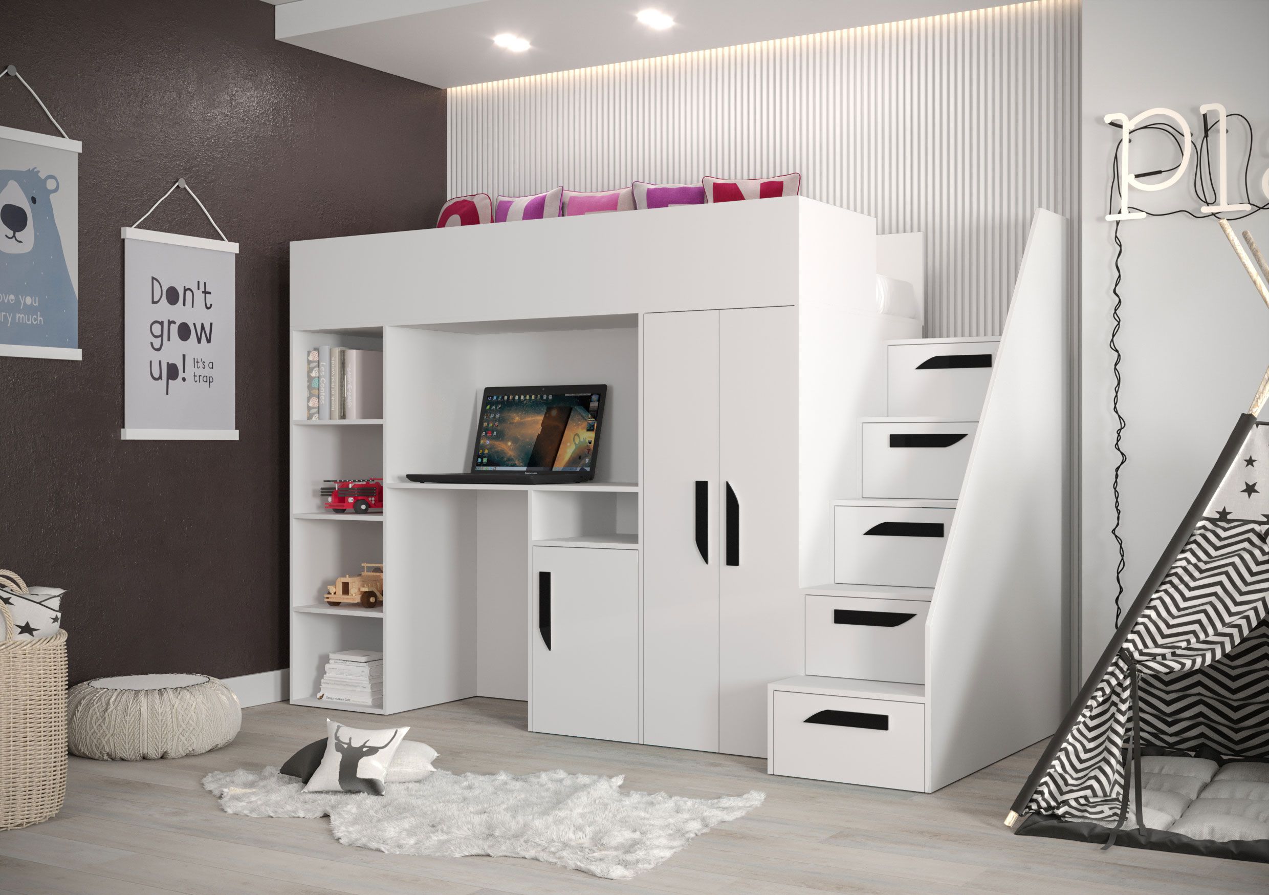Produktbild von Rtopsu Etagenbett Kinderbett 90x200 Cm, Hochbett Mit Stauraum Regal Und Reißbrett, Bett Mit Treppe Und Rausfallschutz, Holzbett Bettgestell Mit 1x