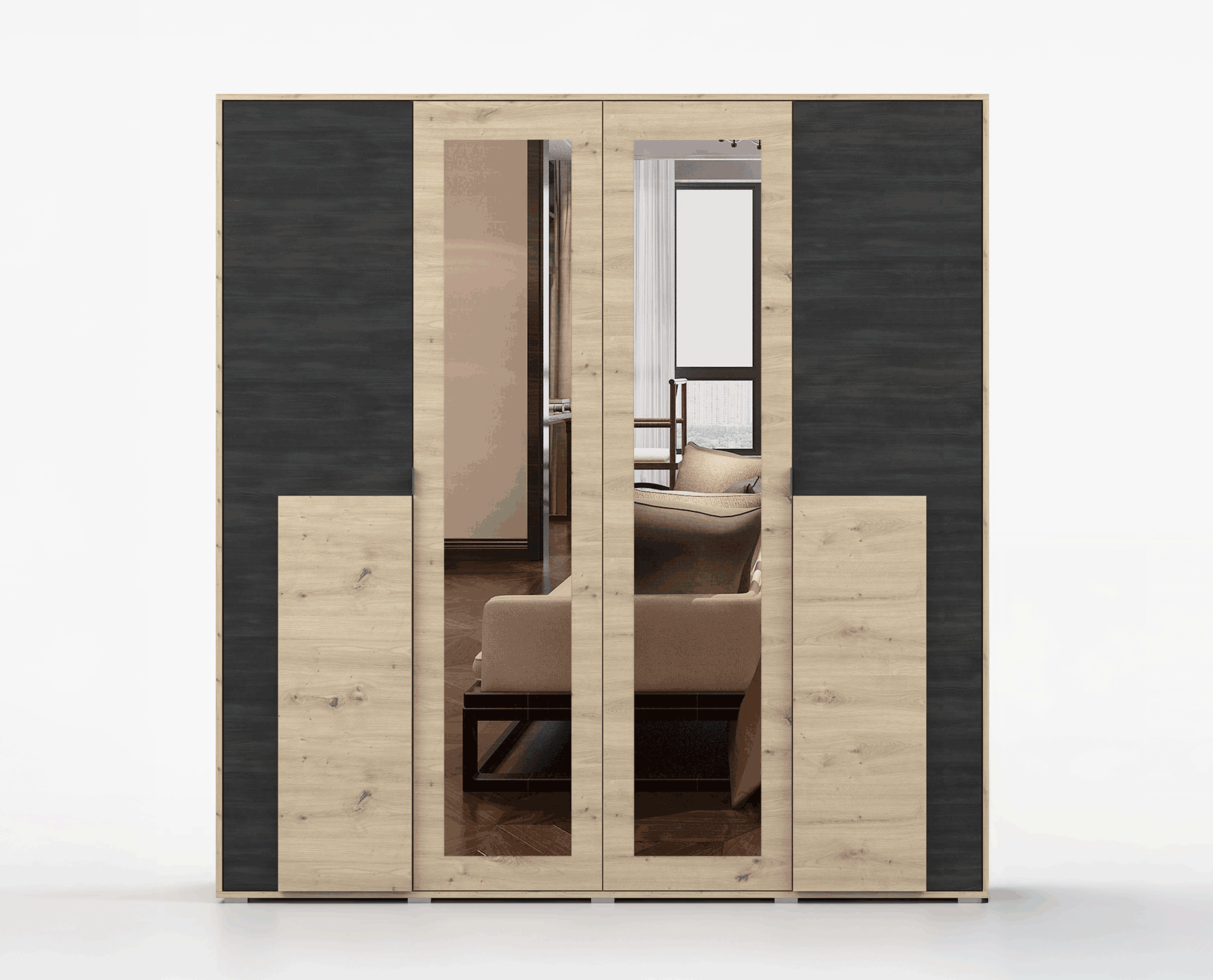 2 Meter breiter Drehtürenschrank / Kleiderschrank | Artisan / Kiefer | Apuseni 01 | 208 x 200 x 65 cm | 4 Türen | 14 Fächer | Holzoptik