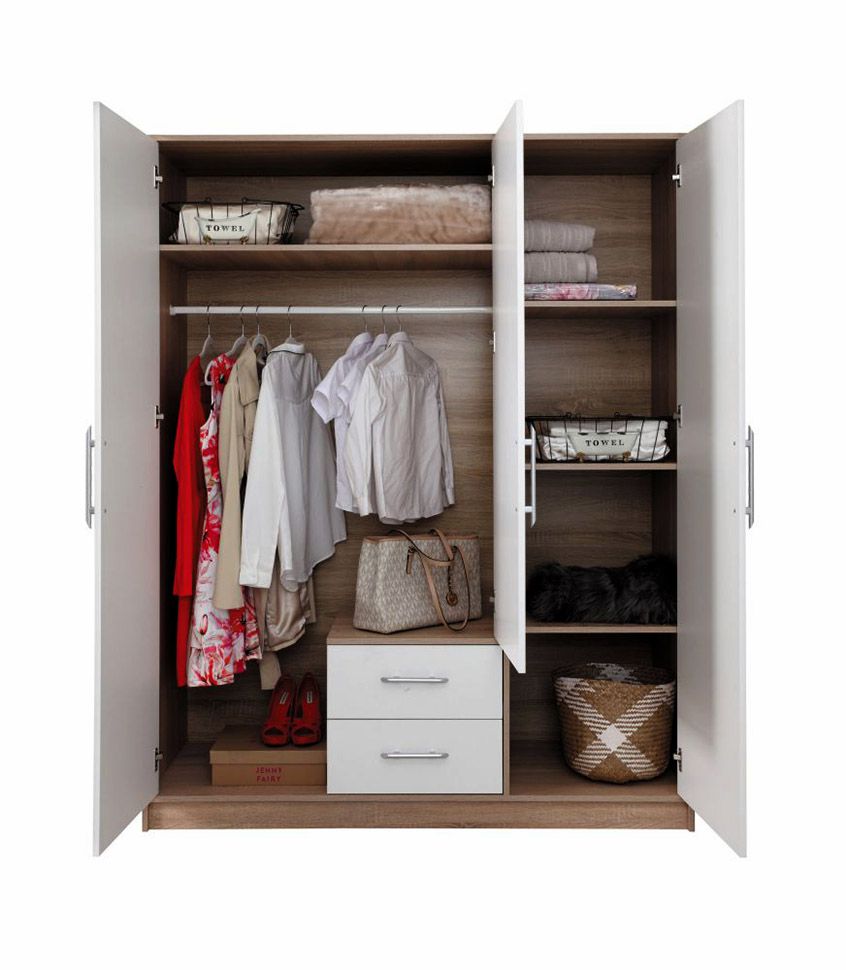150 cm breiter Kleiderschrank mit 3 Türen, 6 Fächern und 2 Schubladen | Farbe: Weiß