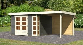 Gartenhaus SET terragrau mit Anbaudach 2,4 m Breite, Rückwand, Grundfläche: 9m²