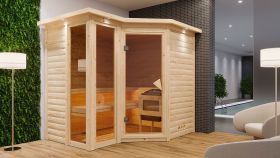 Sauna "Solveig" SET mit bronzierter Tür und Kranz - Farbe: Natur, Ofen externe Steuerung easy 9 kW - 264 x 198 x 212 cm (B x T x H)