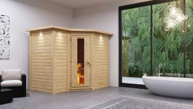 Sauna "Tjara 2" SET mit Energiespartür und Kranz - Farbe: Natur, Ofen externe Steuerung easy 9 kW - 264 x 198 x 212 cm (B x T x H)