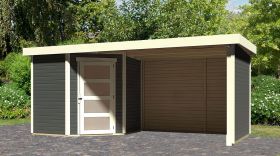 Gartenhaus SET terragrau mit Anbaudach 2,8 m Breite, Seiten- und Rückwand, Grundfläche: 4,45 m²