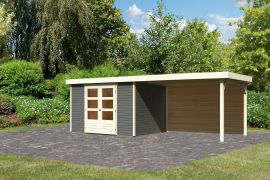 Gartenhaus SET terragrau mit Anbaudach 2,8 m Breite, Rückwand, Grundfläche: 7,21 m²