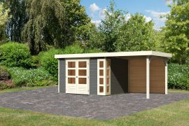 Gartenhaus SET terragrau mit Anbaudach 2,4 m Breite, Rückwand, Grundfläche: 7m²