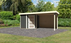 Gartenhaus SET terragrau mit Anbaudach 2,8 m Breite, Rückwand, Grundfläche: 4,45m²
