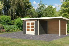 Gartenhaus SET terragrau mit Anbaudach 3,2 m Breite, Rückwand, Grundfläche: 7m²