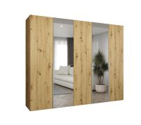 Kleiderschrank mit Soft-Close-Funktion Eiger 90, zwei Spiegeltüren, Farbe: Eiche Artisan, drei Kleiderstangen, 2,5 Meter breit, drei Fächer, Griffe: Kaschmir