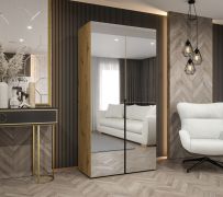 Kleiderschrank / Drehtürenschrank mit zwei Spiegeltüren Eiger 111, Farbe: Eiche Artisan, 1 Meter breit, eine Kleiderstange, Griffe: Schwarz
