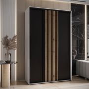 Schiebetürenschrank Mina in Schwarz/Weiß, 235,2 x 150 x 60 cm, Front aus laminierter Platte, Anti Staubbürsten, schwarze Metallgriffe, platzsparend