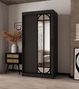 Kleiderschrank | Schwarz Matt | 2 Kleiderstangen | 5 Fächer | 100 x 62 x 200 cm | dekorative Spiegeltür | Schiebetürenschrank | Moderne Details