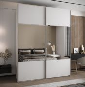 Kleiderschrank / Schiebetürenschrank | Soft-Close-Funktion | Spiegel | 245,5 x 130 x 64 cm | 2 Kleiderstangen | Farbe: Weiß | 11 Fächer | 2 Schiebetüren