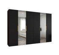 Drehtürenschrank mit 3 Meter breite Korab 107, Farbe: Schwarz, Soft-Close-Funktion, zwei Spiegeltüren, vier Kleiderstangen, Griffe: Gold, vier Fächer