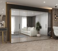 Kleiderschrank / Drehtürenschrank mit sechs Spiegeltüren Korab 155, Farbe: Eiche Artisan, 3 Meter breit, vier Kleiderstangen, Soft-Close, Griffe: Schwarz